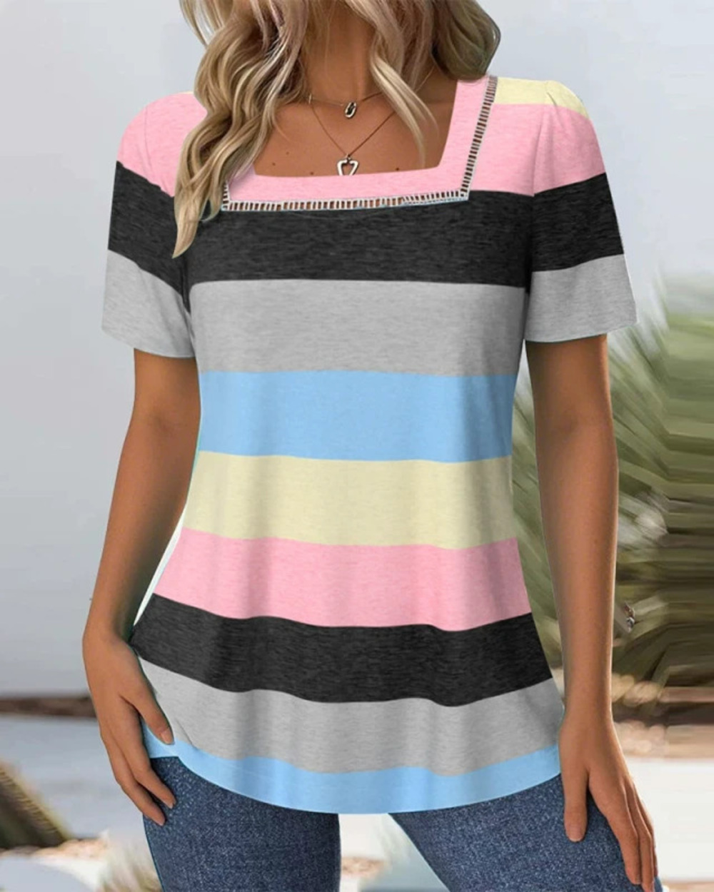 ZARA Fashion Casual Slim Fit Color Block Striped Short Sleeve T Shirt for Women